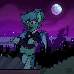 Size: 1000x1000 | Tagged: safe, artist:sugar morning, oc, oc only, oc:carte blanche, bat pony, pony, animated, balcony, bat pony oc, bipedal, bipedal leaning, bowtie, clothes, coat markings, eyeshadow, femboy, freckles, gif, implied princess celestia, juggling, knife, leaning, leaning back, makeup, male, manehattan, mare in the moon, moon, night, night sky, ponytail, sky, socks (coat markings), solo, stallion, statue of liberty, suit
