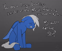 Size: 4800x4000 | Tagged: safe, artist:somber, oc, oc only, pegasus, pony, crying, gradient background, male, mother and child, mother and son, sad, solo, verbal abuse