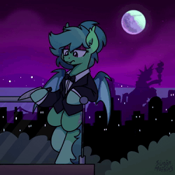Size: 1000x1000 | Tagged: safe, alternate version, artist:sugar morning, oc, oc only, oc:carte blanche, bat pony, pony, animated, balcony, bat pony oc, bipedal, bipedal leaning, bowtie, clothes, coat markings, eyeshadow, femboy, freckles, implied princess celestia, juggling, knife, leaning, leaning back, makeup, male, manehattan, mare in the moon, moon, night, night sky, no sound, ponytail, sky, socks (coat markings), solo, stallion, statue of liberty, suit, webm