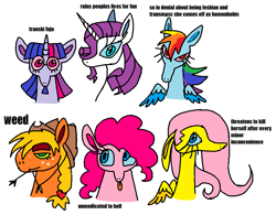 Size: 1017x793 | Tagged: safe, artist:devilbunzz, applejack, fluttershy, pinkie pie, rainbow dash, rarity, twilight sparkle, earth pony, pegasus, pony, unicorn, g4, bisexual, female, fujoshi, group, implied drugs, mane six, sextet, simple background, trans female, trans fluttershy, transgender, transmasculine, unicorn beard, white background