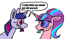 Size: 500x302 | Tagged: safe, artist:devilbunzz, starlight glimmer, twilight sparkle, pony, unicorn, g4, duo, female, glasses, kill yourself, s5 starlight, simple background, speech bubble, trans female, transgender, unicorn beard, unicorn twilight, white background