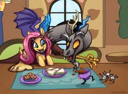 Size: 1024x748 | Tagged: safe, artist:t0byinthesky, discord, fluttershy, draconequus, pegasus, pony, g4, cup, cute, female, fluttershy's cottage, fluttershy's cottage (interior), food, male, mare, muffin, open mouth, open smile, sandwich, shyabetes, signature, smiling, sugarcube, tea party, teacup