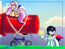 Size: 3072x2304 | Tagged: safe, artist:joseomegametal, oc, oc only, alicorn, pegasus, pony, bicycle, cape, clothes, duo, feather fingers, fireworks, glasses, grandma's kisses, hat, high res, rocket, spongebob squarepants, this will end in death, this will end in tears, this will end in tears and/or death, thumbs up, wing hands, wings