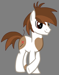 Size: 1628x2072 | Tagged: safe, artist:amelia-bases, artist:star polaris and friends, derpibooru exclusive, pipsqueak, earth pony, pony, g4, base used, brown eyes, coat markings, cute, gray background, headcanon, male, older, older pipsqueak, pinto, raised hoof, simple background, smiling, solo, squeakabetes, stallion