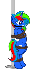 Size: 2000x3778 | Tagged: safe, artist:equestria secret guard, artist:radiantrealm, oc, oc only, oc:shining star, pony, unicorn, arm behind back, ballgag, belly button, bipedal, blushing, bondage, bound and gagged, female, gag, helpless, high res, horn, horn ring, jewelry, magic suppression, mare, pole, pole tied, ring, rope, rope bondage, sexy, simple background, solo, tied up, transparent background