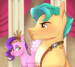 Size: 1280x1146 | Tagged: safe, artist:primrosepaper, hitch trailblazer, pipp petals, earth pony, pegasus, pony, g5, chest, duo, duo male and female, eyes on the prize, female, girl staring at guy's chest, handsome, majestic, male, mare, meme, ponified meme, ship:pitch, shipping, stallion, straight, watermark