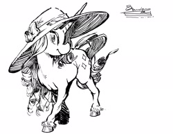 Size: 1274x986 | Tagged: safe, artist:gordoleeno, rarity, pony, unicorn, g4, black and white, clothes swap, crossed hooves, curly mane, graceful, grayscale, hat, lace, looking at you, monochrome, profile, quadrupedal, simple background, smiling, solo, white background