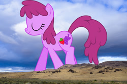 Size: 1300x865 | Tagged: safe, anonymous editor, artist:dashiesparkle, edit, berry punch, berryshine, earth pony, pony, g4, background pony, female, giant pony, giantess, highrise ponies, irl, macro, mare, mountain, mountain range, nature, photo, ponies in real life, solo