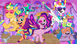 Size: 4001x2341 | Tagged: safe, edit, edited screencap, screencap, hitch trailblazer, izzy moonbow, pipp petals, sparky sparkeroni, sunny starscout, zipp storm, dragon, earth pony, pegasus, pony, unicorn, bridlewoodstock (tell your tale), g5, my little pony: tell your tale, spoiler:g5, spoiler:my little pony: tell your tale, spoiler:tyts01e55, female, male, mane stripe sunny, stallion, upscaled, wallpaper