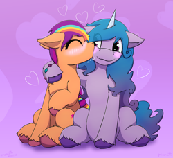 Size: 2764x2524 | Tagged: safe, artist:monycaalot, izzy moonbow, sunny starscout, earth pony, pony, unicorn, g5, belly, blushing, bracelet, cheek kiss, duo, eye clipping through hair, female, floppy ears, friendship bracelet, high res, hooves, hug, jewelry, kissing, lesbian, mane stripe sunny, mare, ship:moonscout, shipping, unshorn fetlocks
