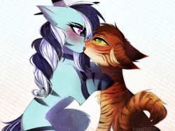 Size: 2890x2171 | Tagged: safe, artist:krissstudios, oc, oc only, oc:meowmix, oc:purapoint, cat, earth pony, pony, ambiguous gender, consensual, cute, duo, earth pony oc, grabbing, high res, kissing, male, pony oc