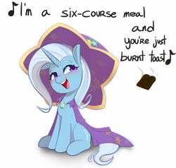 Size: 1000x952 | Tagged: safe, artist:inkypuso, trixie, pony, unicorn, g4, cape, clothes, cute, diatrixes, eyebrows, female, hat, horn, mare, open mouth, open smile, simple background, singing, sitting, smiling, solo, song reference, tricks up my sleeve, trixie's cape, white background