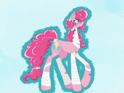 Size: 2048x1536 | Tagged: safe, artist:m3tavyx, pinkie pie, earth pony, pony, g4, bandage, bandaid, bandaid on nose, blue background, concave belly, ear piercing, earring, face paint, female, grin, jewelry, long legs, long neck, mare, piercing, simple background, smiling, solo, tail, tail band, tail jewelry, tall