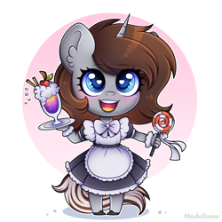 Size: 4000x4000 | Tagged: safe, artist:madelinne, oc, oc only, unicorn, anthro, candy, chibi, clothes, cute, drink, food, heart, heart eyes, horn, lollipop, maid, solo, unicorn oc, wingding eyes