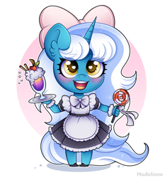 Size: 4000x4300 | Tagged: safe, artist:madelinne, oc, oc only, oc:fleurbelle, unicorn, anthro, bow, candy, chibi, clothes, cute, drink, food, hair bow, heart, heart eyes, lollipop, maid, solo, wingding eyes