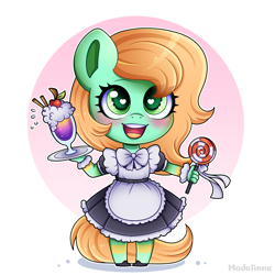 Size: 4000x4000 | Tagged: safe, artist:madelinne, oc, oc only, earth pony, anthro, candy, clothes, cute, drink, earth pony oc, food, heart, heart eyes, lollipop, maid, solo, wingding eyes