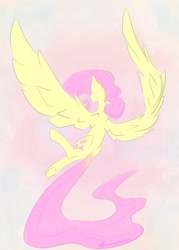 Size: 1394x1949 | Tagged: safe, artist:destiny_manticor, fluttershy, pegasus, pony, g4, digital art, large wings, long tail, no face, pastel, pink hair, rear view, simple background, solo, spread wings, tail, wings