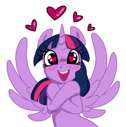 Size: 1660x1674 | Tagged: safe, artist:sorcerushorserus, color edit, edit, twilight sparkle, alicorn, pony, g4, blushing, colored, crossed hooves, cute, daaaaaaaaaaaw, female, floating heart, happy, heart, heart eyes, looking at you, mare, open mouth, open smile, simple background, smiling, solo, spread wings, twiabetes, twilight sparkle (alicorn), white background, wingding eyes, wings