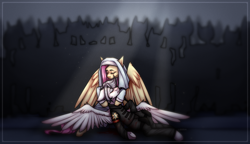 Size: 4500x2600 | Tagged: artist needed, safe, fluttershy, oc, oc:light knight, pegasus, pony, g4, armor, blood, christianity, clothes, crowd, duo, jesus christ, light, lying down, military, military uniform, music video, nun, pieta, reference, shadow, uniform