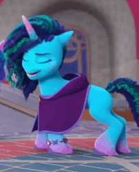 Size: 520x644 | Tagged: safe, screencap, izzy moonbow, misty brightdawn, pony, unicorn, g5, missing the mark, my little pony: make your mark, my little pony: make your mark chapter 4, spoiler:g5, spoiler:my little pony: make your mark, spoiler:my little pony: make your mark chapter 4, spoiler:mymc04e07, animated, bracelet, cloak, clothes, cornrows, cropped, crystal brighthouse, cute, duo, female, freckles, friendship bracelet, gif, i watch it for the ears, jewelry, laughing, mare, mistybetes, offscreen character, solo focus, unshorn fetlocks