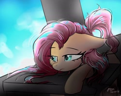 Size: 2048x1620 | Tagged: safe, artist:petaltwinkle, fluttershy, pegasus, pony, g4, alternate hairstyle, desk, female, floppy ears, frown, lidded eyes, mare, ponytail, signature, solo, sulking