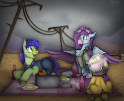 Size: 2800x2300 | Tagged: safe, artist:molars, oc, oc:aella breeze, oc:puppysmiles, oc:scotch tape, earth pony, hippogriff, pony, fallout equestria, claws, drink, female, filly, foal, food, goggles, green fur, helmet, high res, picnic, pink fur, radiation suit, rock, sandwich, scenery, smiling, spread wings, unshorn fetlocks, wasteland, wings