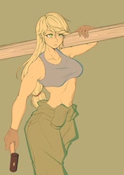 Size: 818x1158 | Tagged: safe, artist:doktor-d, applejack, human, equestria girls, g4, applejacked, belly button, breasts, busty applejack, carrying, clothes, female, gloves, green background, hammer, midriff, muscles, shoulder carry, simple background, solo