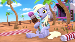 Size: 3840x2160 | Tagged: safe, artist:owlpirate, derpy hooves, pegasus, pony, g4, 3d, 4k, beach, clothes, cute, derpabetes, female, food, hawaiian shirt, high res, hoof hold, ice cream, ice cream cone, looking at you, mare, open mouth, open smile, palm tree, shirt, sitting, smiling, smiling at you, solo, source filmmaker, summer, tree, underhoof