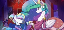 Size: 2163x1027 | Tagged: dead source, safe, alternate version, artist:thelunarmoon, princess celestia, twilight sparkle, oc, oc:lunar moon, alicorn, pony, unicorn, g4, canterlot castle interior, chandelier, clothes, crown, doorway, dress, ethereal mane, folded wings, grin, height difference, holding hoof, implied princess luna, jewelry, long mane, looking at each other, looking at someone, picture, picture frame, pillar, regalia, smiling, smiling at each other, starry mane, sternocleidomastoid, tall, toothy grin, twilight sparkle (alicorn), uniform, wings