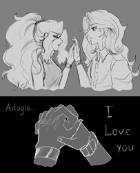 Size: 2988x3679 | Tagged: safe, artist:daazzlin, adagio dazzle, sunset shimmer, human, equestria girls, g4, duo, female, grayscale, high res, lesbian, monochrome, ship:sunsagio, shipping