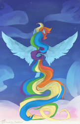 Size: 2254x3469 | Tagged: safe, artist:destiny_manticor, rainbow dash, pegasus, pony, g4, cloud, digital art, facing away, female, flying, high res, impossibly long tail, long tail, mare, no face, rear view, sky, sky background, solo, spread wings, tail, wings