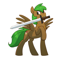 Size: 2452x2400 | Tagged: safe, artist:carnifex, oc, oc only, oc:peatmoss, pegasus, pony, high res, male, mouth hold, simple background, solo, stallion, sword, transparent background, weapon