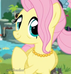 Size: 1080x1132 | Tagged: safe, artist:flutterandcord, fluttershy, bird, duck, pegasus, pony, skunk, g4, the last problem, alternate hairstyle, animal, bags under eyes, blurry background, bush, eye wrinkles, female, flower, flower in hair, flying, folded wings, jewelry, looking at you, necklace, older, older fluttershy, outdoors, raised hoof, rock, rope, smiling, smiling at you, solo, swing, tire, tire swing, tree, tree branch, water, waterfall, wings, wood