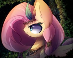 Size: 2500x2000 | Tagged: safe, artist:miryelis, fluttershy, pegasus, pony, g4, accessory, bandana, big ears, feather, forest, forest background, high res, long hair, makeup, serious, signature, solo, tattoo