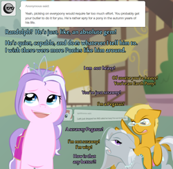 Size: 900x878 | Tagged: safe, artist:askmerriweatherauthor, diamond tiara, silver spoon, oc, oc:meadow lark (ask merriweather), pony, ask merriweather, g4