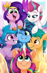 Size: 2280x3524 | Tagged: safe, artist:luximus17, hitch trailblazer, izzy moonbow, misty brightdawn, pipp petals, sunny starscout, zipp storm, alicorn, earth pony, pegasus, pony, unicorn, g5, adorapipp, adorazipp, cute, female, grin, group, high res, hitchbetes, izzybetes, male, mane five, mane six (g5), mane stripe sunny, mare, mistybetes, one eye closed, open mouth, race swap, royal sisters (g5), sextet, siblings, sisters, smiling, stallion, sunnybetes, sunnycorn