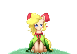 Size: 3508x2480 | Tagged: safe, artist:abyssalrabbit, oc, oc only, oc:pachi, earth pony, pony, bow, cape, clothes, female, grass, hair bow, high res, simple background, solo, transparent background