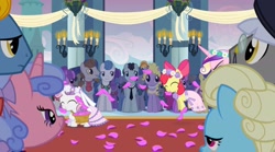 Size: 2160x1200 | Tagged: safe, screencap, apple bloom, berry punch, berryshine, bruce mane, caesar, cloud kicker, count caesar, eclair créme, fine line, linky, lyrica lilac, masquerade, maxie, north star, perfect pace, princess cadance, queen chrysalis, royal ribbon, shoeshine, star gazer, sweetie belle, alicorn, earth pony, pony, unicorn, a canterlot wedding, g4, background pony, basket, canterlot, canterlot castle, clothes, cute, dress, eyes closed, fake cadance, female, filly, floral head wreath, flower, flower filly, flower girl, flower girl dress, flower in hair, flower petals, foal, force field, happy, hopping, marriage, shooting star, wedding