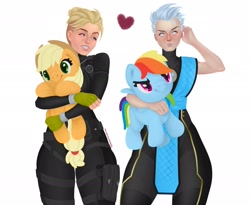 Size: 2048x1676 | Tagged: safe, artist:perss1mm0n, applejack, rainbow dash, earth pony, human, pegasus, pony, g4, applejack's hat, armor, blushing, cassie cage, clothes, cowboy hat, crossover, duo, female, fingerless gloves, frost (mortal kombat), gloves, grin, hat, heart, hug, lesbian, mare, mortal kombat, mortal kombat x, ninja, non-mlp shipping, pants, plushie, simple background, smiling, vest, white background