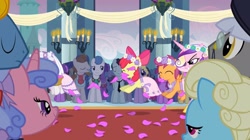 Size: 2160x1211 | Tagged: safe, screencap, apple bloom, princess cadance, queen chrysalis, scootaloo, sweetie belle, alicorn, earth pony, pegasus, pony, unicorn, a canterlot wedding, g4, background pony, basket, canterlot, canterlot castle, clothes, cute, dress, fake cadance, female, filly, floral head wreath, flower, flower filly, flower girl, flower girl dress, flower in hair, flower petals, foal, force field, happy, hopping, marriage, wedding, wicked