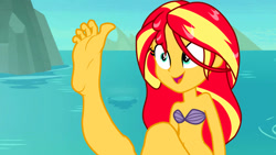 Size: 1192x670 | Tagged: safe, artist:dustinwatsongkx, sunset shimmer, human, equestria girls, g4, ariel, belly button, bra, breasts, disney, feet, feet up, fetish, foot fetish, foot focus, humanized, seashell bra, the little mermaid, vector, wet hair