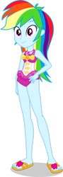 Size: 642x1799 | Tagged: safe, artist:dustinwatsongkx, rainbow dash, human, equestria girls, g4, accessory swap, bare shoulders, clothes, clothes swap, female, geode of sugar bombs, magical geodes, one-piece swimsuit, pinkie pie swimsuit, sandals, simple background, sleeveless, solo, swimsuit, swimsuit swap, transparent background, vector