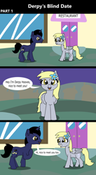 Size: 1920x3516 | Tagged: safe, artist:platinumdrop, derpy hooves, oc, pegasus, pony, unicorn, comic:derpy's blind date, g4, 3 panel comic, blind date, building, comic, commission, date, diner, door, duo, duo male and female, excited, female, flower, flower in hair, folded wings, grass, happy, looking at each other, looking at someone, looking at you, male, mare, open mouth, open smile, raised hoof, restaurant, smiling, speech bubble, stallion, talking, window, wings