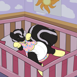 Size: 4000x4000 | Tagged: safe, artist:uniamoon, oc, oc only, oc:zenawa skunkpony, hybrid, skunk, skunk pony, bed, bedroom, booties, colt, crib, diaper, diaper butt, diaper fetish, eyes closed, fetish, foal, hybrid oc, lying down, male, non-baby in diaper, on back, onesie, pacifier, raised tail, relaxed, scrunchy face, solo, tail