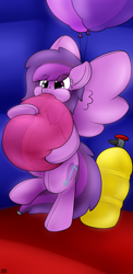 Size: 1440x2960 | Tagged: safe, artist:the-furry-railfan, oc, oc only, oc:emilia starsong, inflatable pony, balloon, blowing up balloons, bouncy castle, floating, helium tank, hose, inflatable, inflated ears, inflated tail, inflated wings, inflating, inflation, parade balloon, pudgy, puffy cheeks, tail, that pony sure does love balloons, wings