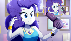 Size: 3334x1934 | Tagged: safe, artist:the-butch-x, screencap, rarity, human, do it for the ponygram!, equestria girls, g4, my little pony equestria girls: better together, alternate hairstyle, armpits, bare shoulders, bracelet, clothes, dress, emanata, eyeshadow, female, geode of shielding, hair dryer, hairstyle swap, jewelry, magical geodes, makeup, pinkie pie hair, pinkity, rarity peplum dress, scene interpretation, screencap reference, sleeveless, sleeveless dress, solo