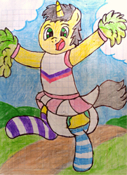 Size: 2813x3882 | Tagged: safe, artist:bitter sweetness, oc, oc only, oc:bitter sweetness, pony, unicorn, abdl, adult foal, bipedal, cheerleader, clothes, diaper, diaper fetish, dirt road, fetish, graph paper, green eyes, high res, horn, non-baby in diaper, open mouth, open smile, poofy diaper, skirt, smiling, socks, standing, standing on one leg, striped socks, traditional art