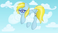 Size: 3840x2160 | Tagged: safe, artist:dawnshine, oc, oc only, oc:cloud cuddler, pegasus, pony, blue sky, cloud, cute, female, glasses, high res, lying down, lying on a cloud, mare, mouse cursor, on a cloud, pegasus oc, relaxing, sky, smiling, solo, wallpaper