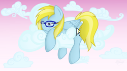 Size: 3840x2160 | Tagged: safe, alternate version, artist:dawnshine, oc, oc only, oc:cloud cuddler, pegasus, pony, cloud, cute, female, glasses, high res, lying down, lying on a cloud, mare, mouse cursor, on a cloud, pegasus oc, pink sky, relaxing, sky, smiling, solo, wallpaper
