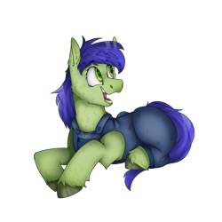 Size: 2500x2500 | Tagged: safe, artist:molars, oc, oc only, oc:scotch tape, earth pony, pony, dungarees, female, green eyes, green fur, high res, lying down, mare, open mouth, simple background, smiling, solo, stable, stable-tec, transparent background, unshorn fetlocks